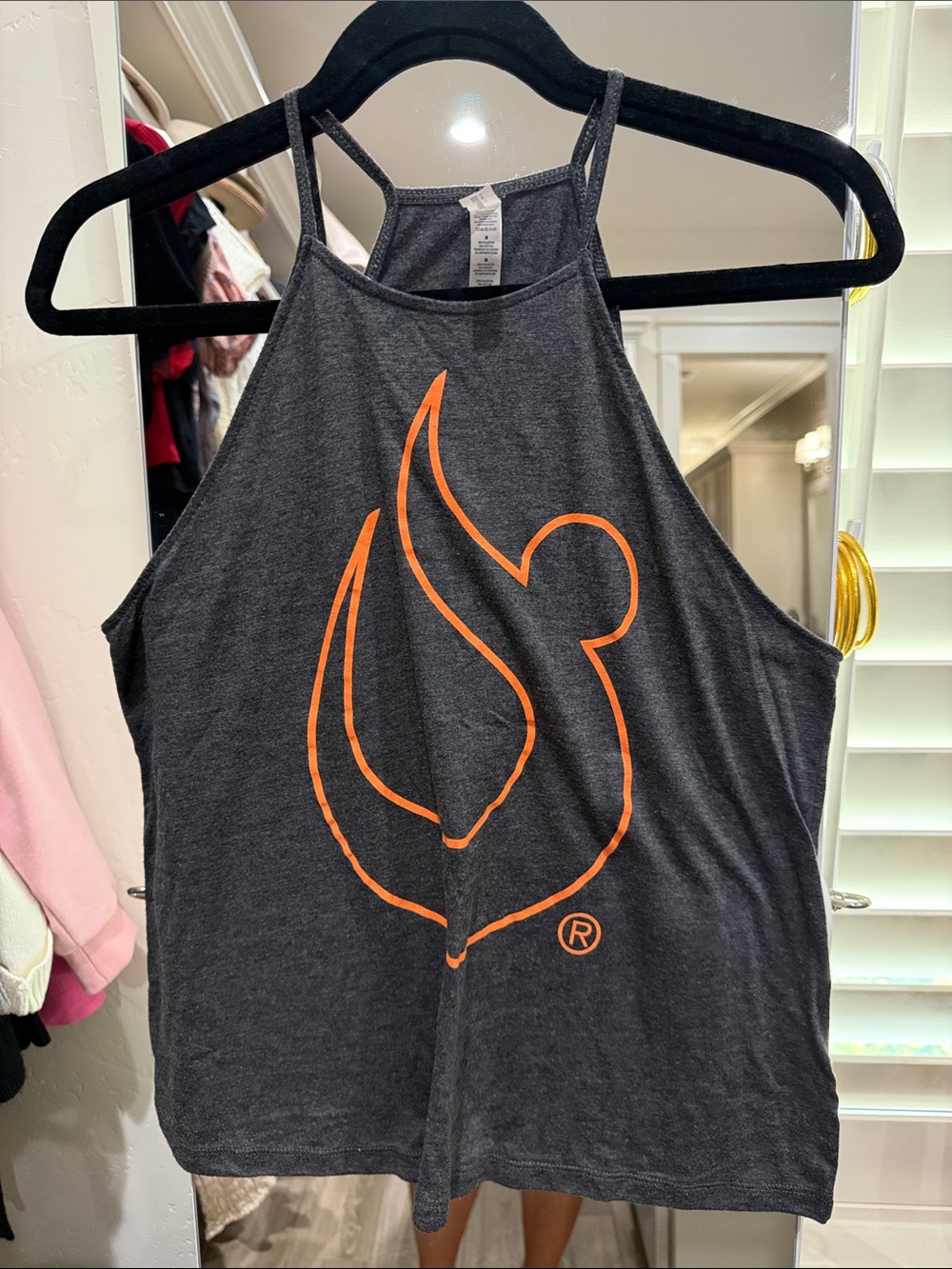 Charcoal Graphic Halter Tank Top with Orange Logo